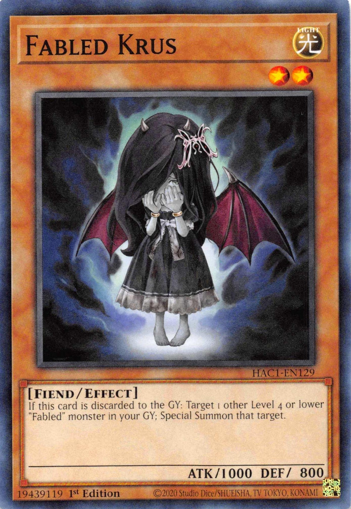 1st Edition, Common, Effect Monster, Fiend, Hidden Arsenal: Chapter 1, Light Fabled Krus [HAC1-EN129] Common - Trading Card World