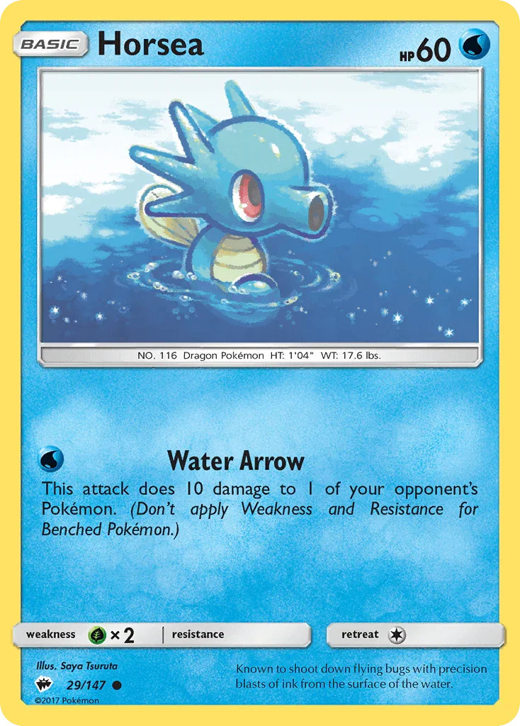 29, Common, Grass[×2], Normal, Reverse Holofoil, Sun & Moon: Burning Shadows, Water Horsea (29/147) [Sun & Moon: Burning Shadows] - Trading Card World