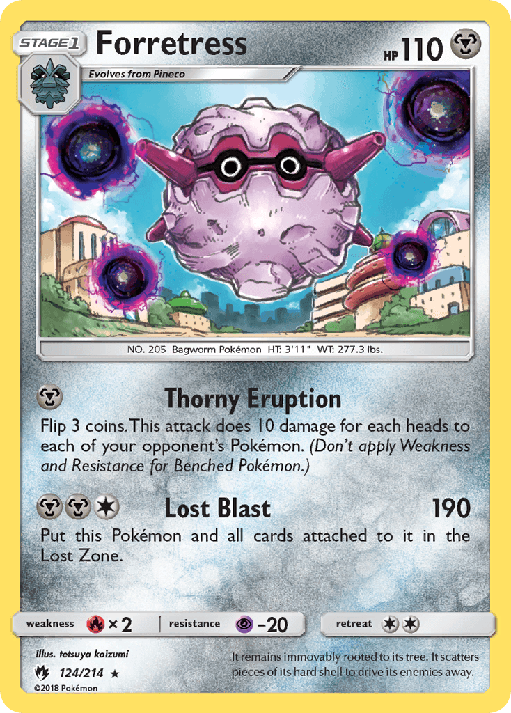 124, Fire[×2], Metal, Normal, Psychic[-20], Rare, Reverse Holofoil, Sun & Moon: Lost Thunder Forretress (124/214) [Sun & Moon: Lost Thunder] - Trading Card World