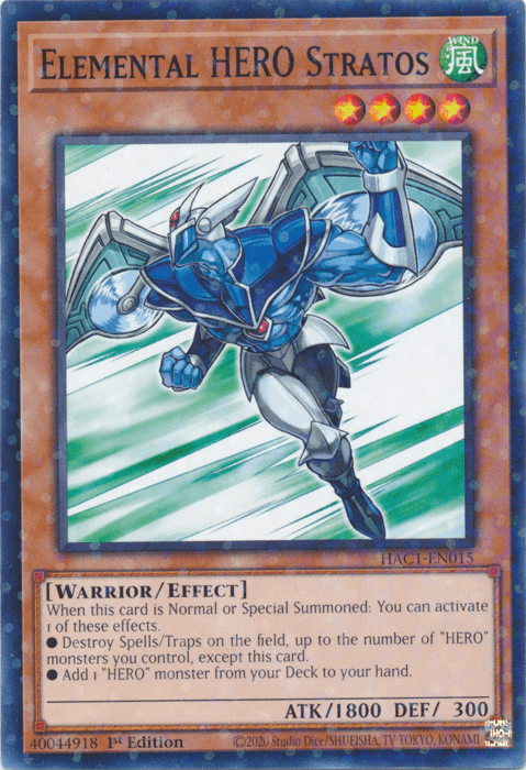1st Edition, Common, Effect Monster, Hidden Arsenal: Chapter 1, Warrior, Wind Elemental HERO Stratos (Duel Terminal) [HAC1-EN015] Common - Trading Card World