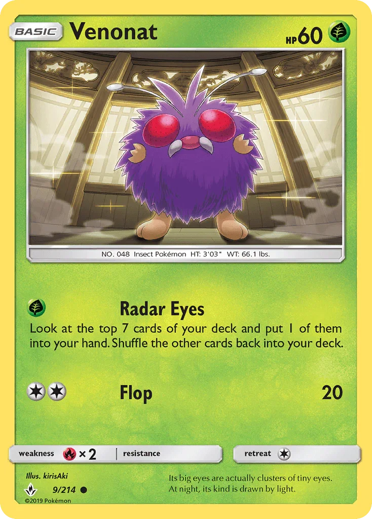 Common, Fire[×2], Grass, Normal, Reverse Holofoil, Sun & Moon: Unbroken Bonds Venonat (9/214) [Sun & Moon: Unbroken Bonds] - Trading Card World