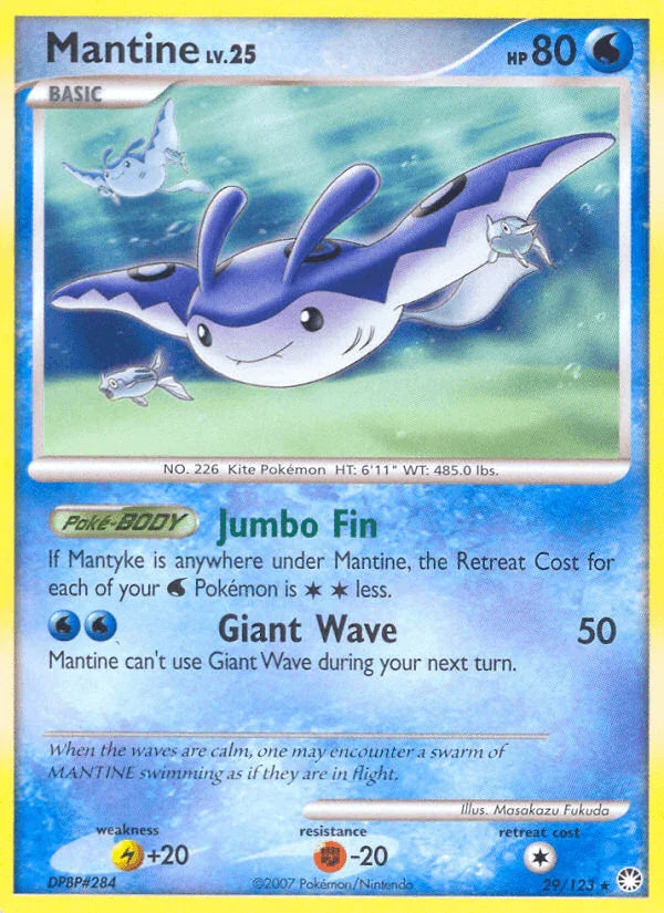 29, Diamond & Pearl: Mysterious Treasures, Fighting[-20], Lightning[+20], Normal, Rare, Reverse Holofoil, Water Mantine (29/123) [Diamond & Pearl: Mysterious Treasures] - Trading Card World