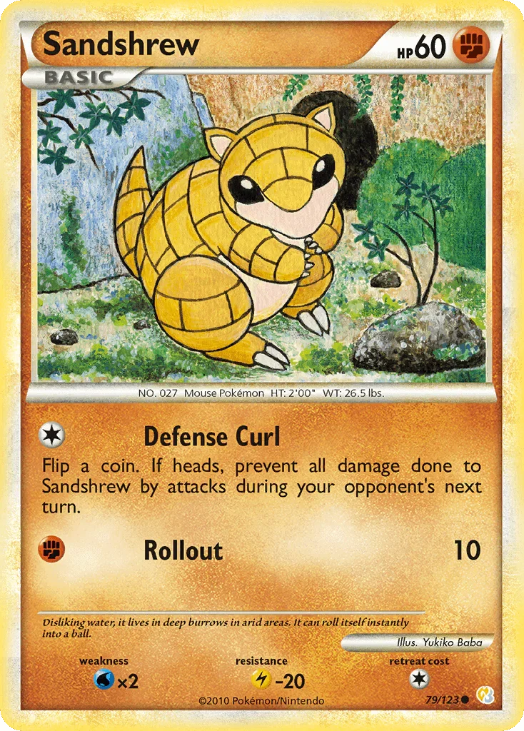 79, Common, Fighting, HeartGold & SoulSilver: Base Set, Lightning[-20], Normal, Reverse Holofoil, Water[×2] Sandshrew (79/123) [HeartGold & SoulSilver: Base Set] - Trading Card World