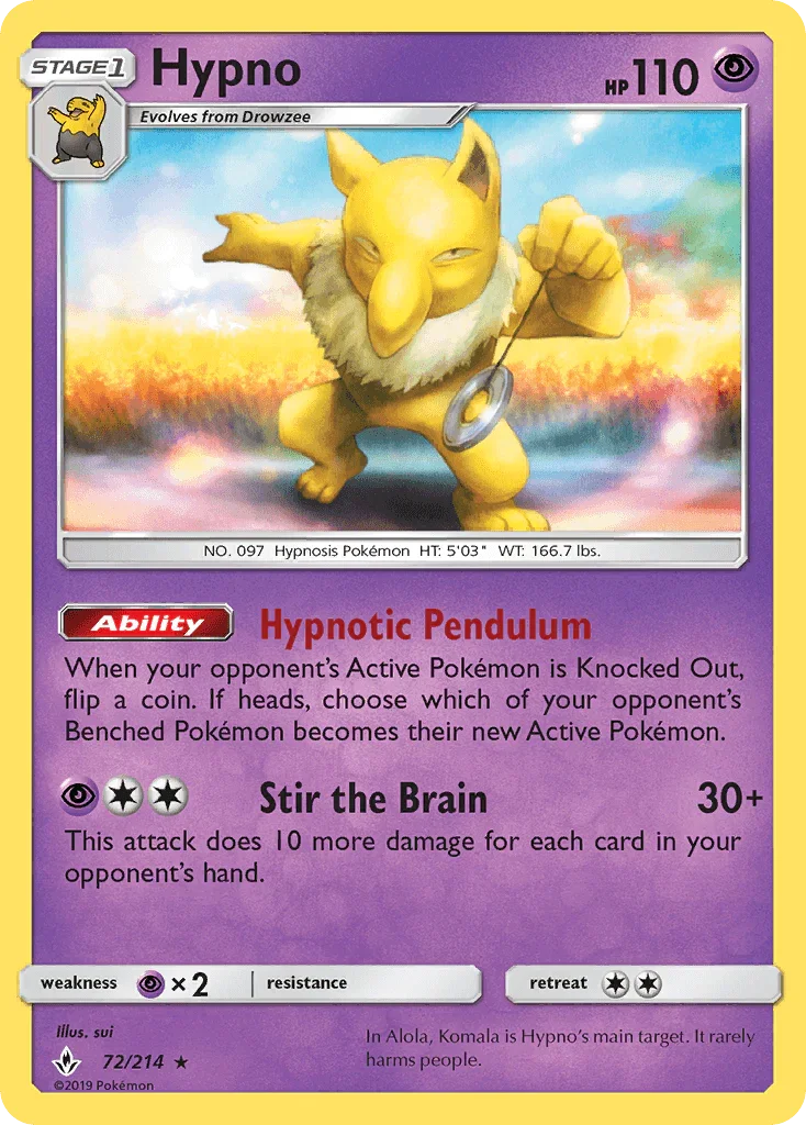 72, Normal, Psychic, Psychic[×2], Rare, Reverse Holofoil, Sun & Moon: Unbroken Bonds Hypno (72/214) [Sun & Moon: Unbroken Bonds] - Trading Card World