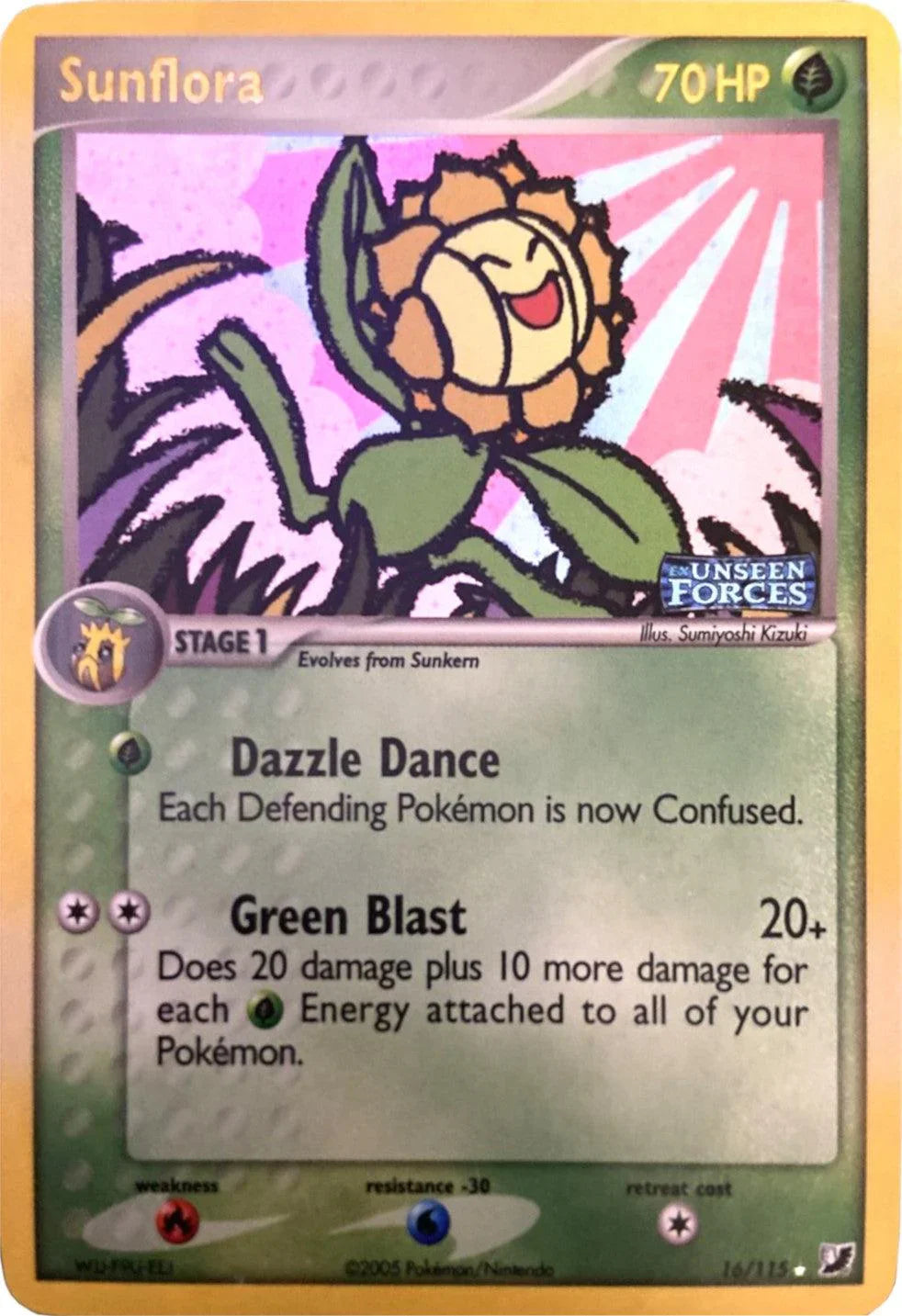 16, EX: Unseen Forces, Fire[×2], Grass, Holo Rare, Reverse Holofoil, Water[-30] Sunflora (16/115) (Stamped) [EX: Unseen Forces] - Trading Card World