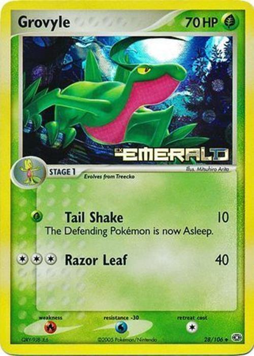 28, EX: Emerald, Fire[×2], Grass, Reverse Holofoil, Uncommon, Water[-30] Grovyle (28/106) (Stamped) [EX: Emerald] - Trading Card World