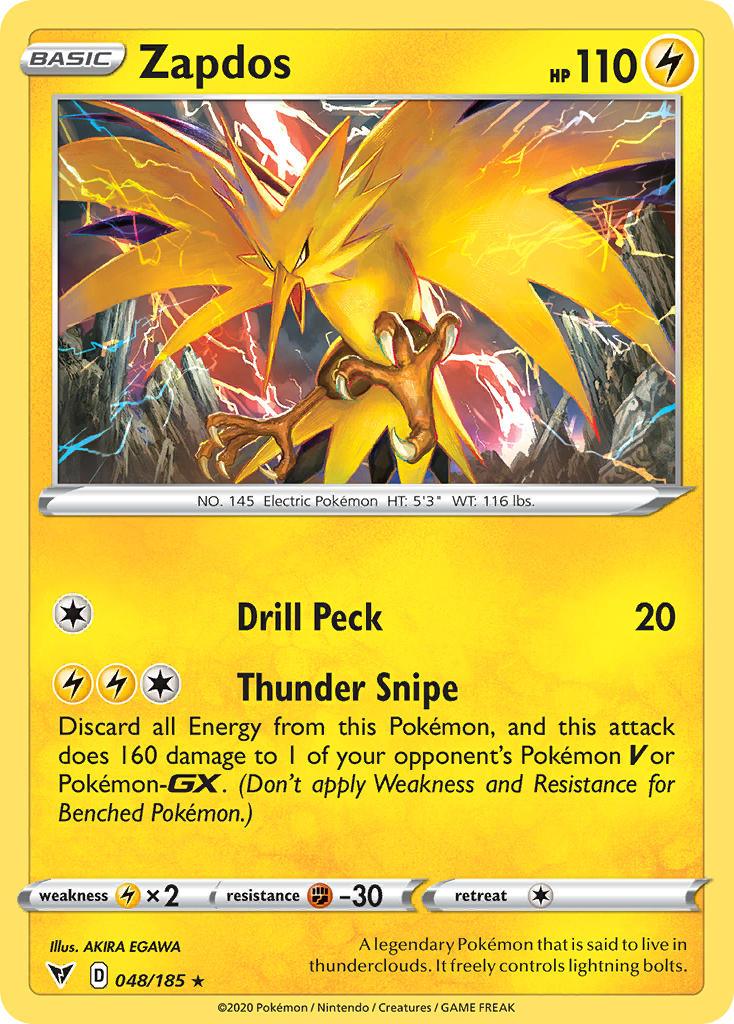 048, Fighting[-30], Holo Rare, Holofoil, Lightning, Lightning[×2], Reverse Holofoil, Sword & Shield: Vivid Voltage Zapdos (048/185) [Sword & Shield: Vivid Voltage] - Trading Card World