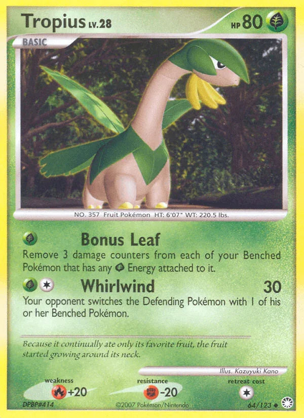 64, Diamond & Pearl: Mysterious Treasures, Fighting[-20], Fire[+20], Grass, Normal, Reverse Holofoil, Uncommon Tropius (64/123) [Diamond & Pearl: Mysterious Treasures] - Trading Card World
