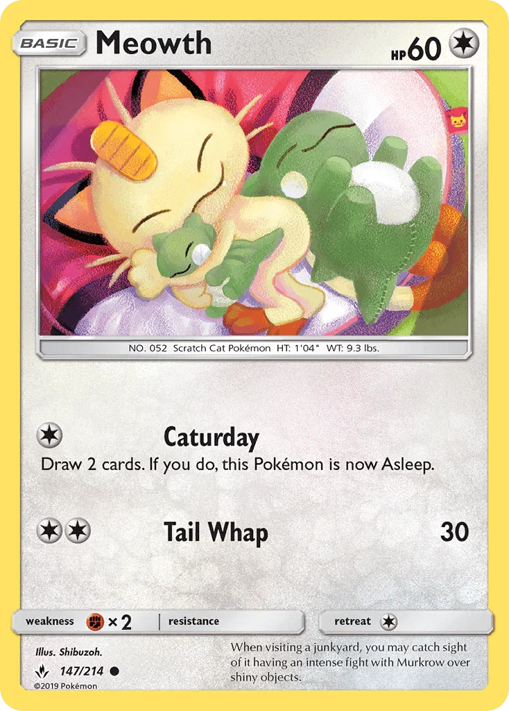 147, Colorless, Common, Fighting[×2], Normal, Reverse Holofoil, Sun & Moon: Unbroken Bonds Meowth (147/214) [Sun & Moon: Unbroken Bonds] - Trading Card World