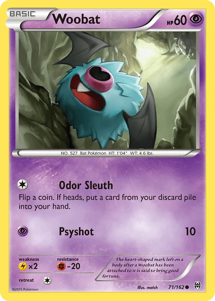 71, Common, Fighting[-20], Lightning[×2], Normal, Psychic, Reverse Holofoil, XY: BREAKthrough Woobat (71/162) [XY: BREAKthrough] - Trading Card World