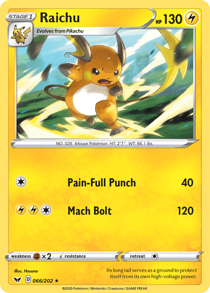066, Fighting[×2], Lightning, Normal, Rare, Reverse Holofoil, Sword & Shield: Base Set Raichu (066/202) [Sword & Shield: Base Set] - Trading Card World