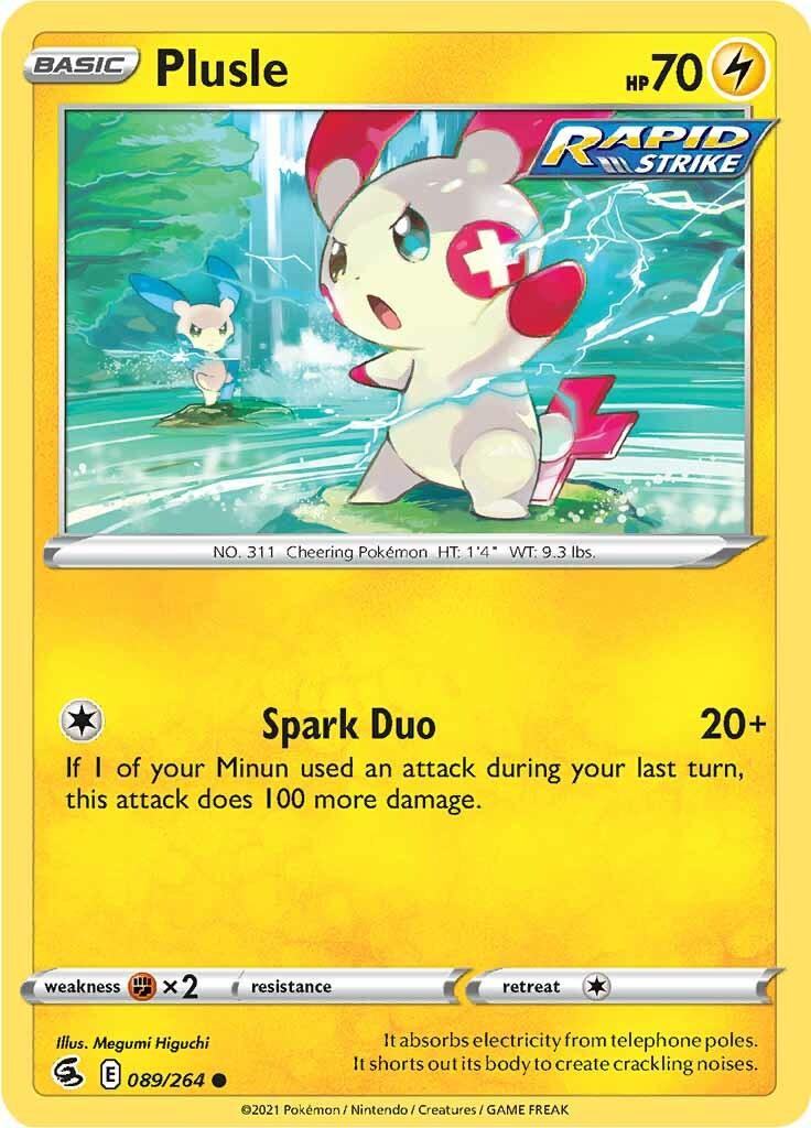 089, Common, Fighting [x2], Lightning, Normal, Reverse Holofoil, Sword & Shield: Fusion Strike Plusle (089/264) [Sword & Shield: Fusion Strike] - Trading Card World