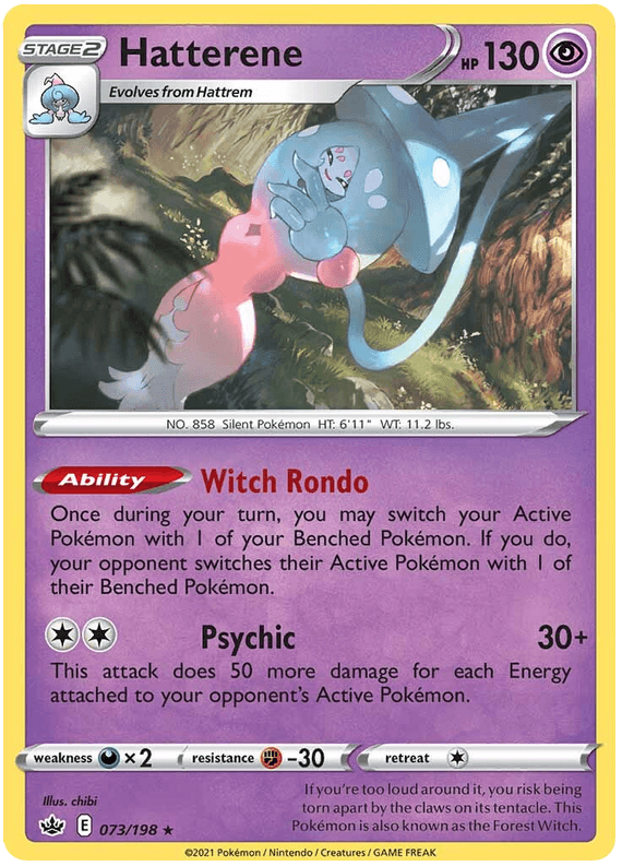 073, Darkness [x2], Fighting [-30], Holo Rare, Holofoil, Psychic, Reverse Holofoil, Sword & Shield: Chilling Reign Hatterene (073/198) [Sword & Shield: Chilling Reign] - Trading Card World