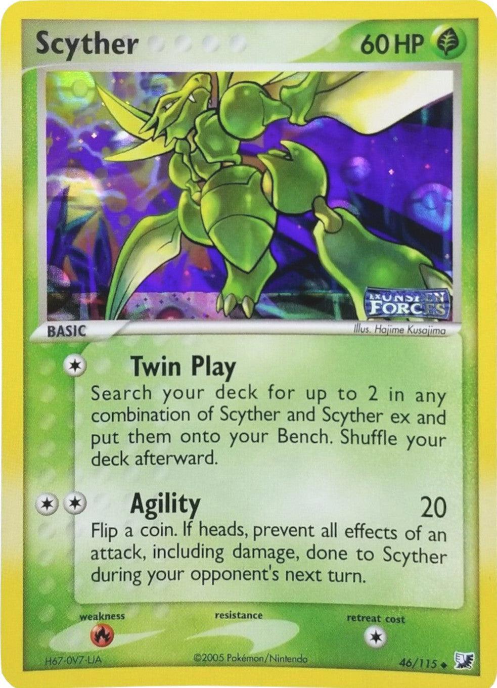 46, EX: Unseen Forces, Fire[×2], Grass, Reverse Holofoil, Uncommon Scyther (46/115) (Stamped) [EX: Unseen Forces] - Trading Card World