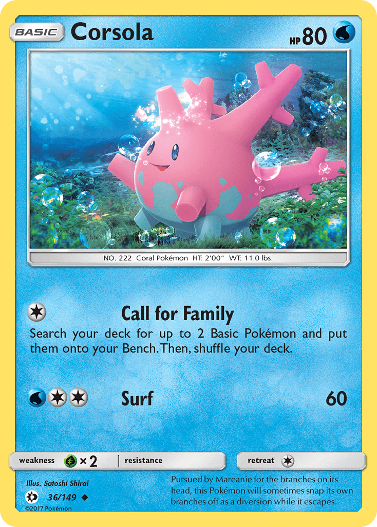 36, Grass[×2], Normal, Reverse Holofoil, Sun & Moon: Base Set, Uncommon, Water Corsola (36/149) [Sun & Moon: Base Set] - Trading Card World