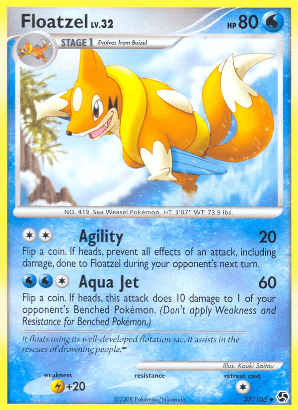 37, Diamond & Pearl: Great Encounters, Lightning[+20], Normal, Reverse Holofoil, Uncommon, Water Floatzel (37/106) [Diamond & Pearl: Great Encounters] - Trading Card World