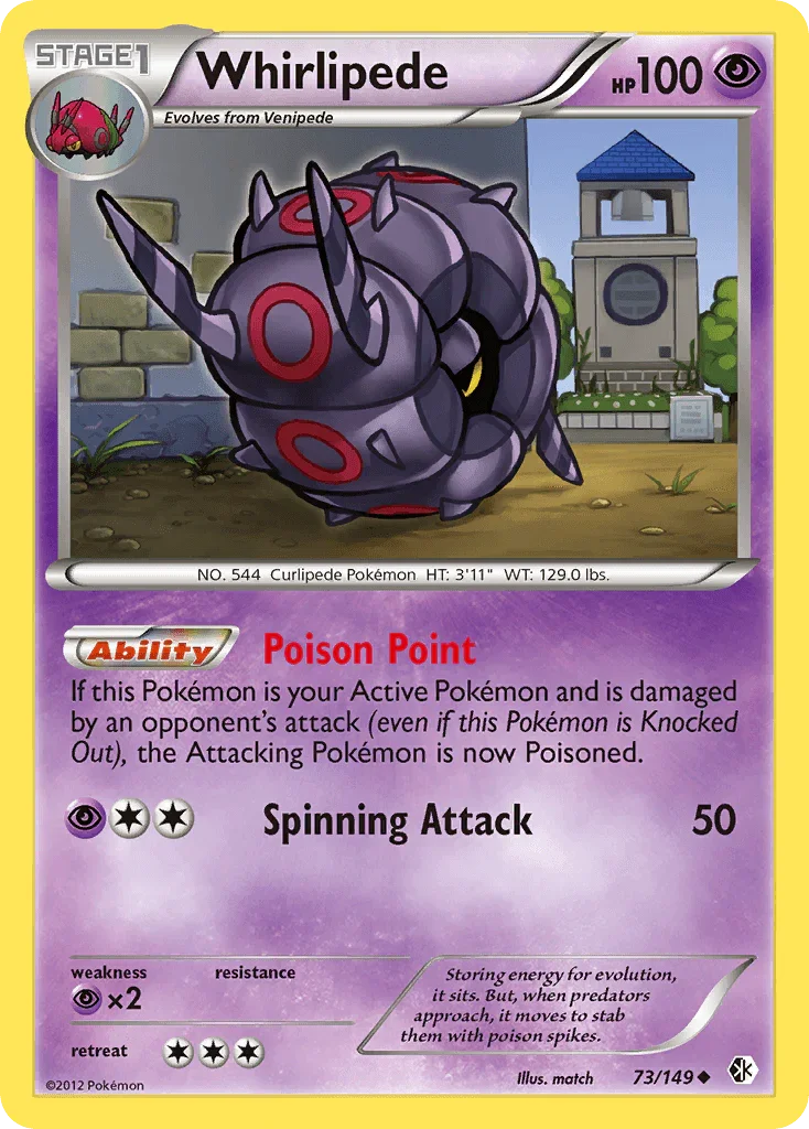 73, Black & White: Boundaries Crossed, Normal, Psychic, Psychic[×2], Reverse Holofoil, Uncommon Whirlipede (73/149) [Black & White: Boundaries Crossed] - Trading Card World