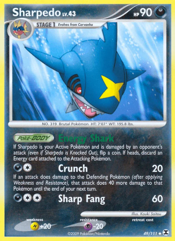 49, Darkness, Lightning[+20], Normal, Platinum: Rising Rivals, Psychic[-20], Reverse Holofoil, Uncommon Sharpedo (49/111) [Platinum: Rising Rivals] - Trading Card World