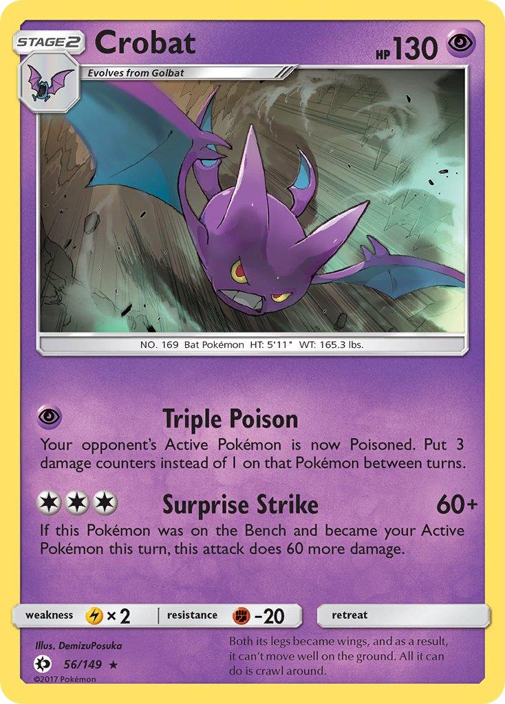 56, Fighting[-20], Holo Rare, Holofoil, Lightning[×2], Psychic, Sun & Moon: Base Set Crobat (56/149) (Cosmos Holo) (Blister Exclusive) [Sun & Moon: Base Set] - Trading Card World