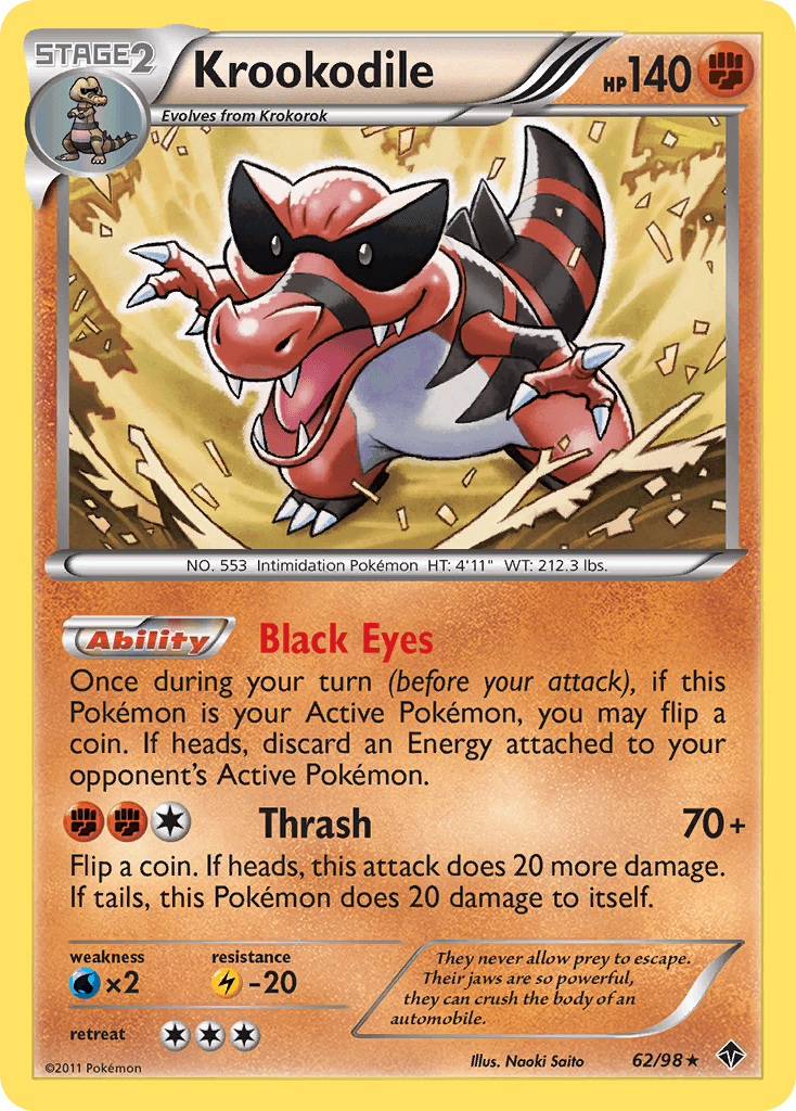 62, Black & White: Emerging Powers, Fighting, Lightning[-20], Normal, Rare, Reverse Holofoil, Water[×2] Krookodile (62/98) [Black & White: Emerging Powers] - Trading Card World