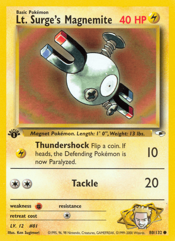 1st Edition Normal, 80, Common, Fighting[×2], Gym Heroes 1st Edition, Lightning Lt. Surge's Magnemite (80/132) [Gym Heroes 1st Edition] - Trading Card World