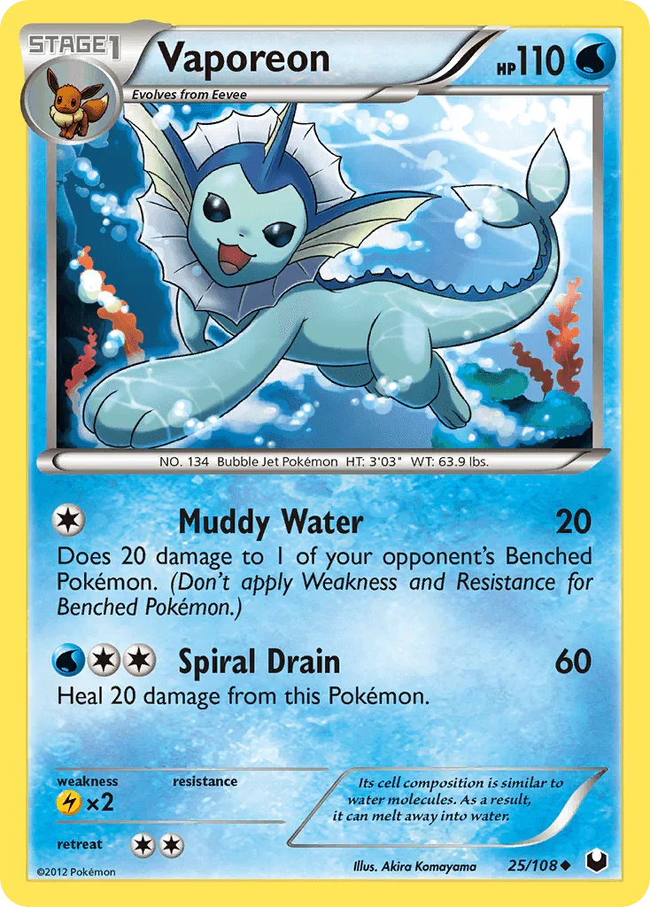 25, Black & White: Dark Explorers, Lightning[×2], Normal, Reverse Holofoil, Uncommon, Water Vaporeon (25/108) [Black & White: Dark Explorers] - Trading Card World