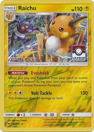 41, Fighting[×2], Lightning, Metal[-20], Promo, Reverse Holofoil, Sun & Moon: Burning Shadows Raichu (41/147) (League Promo 3rd Place) [Sun & Moon: Burning Shadows] - Trading Card World