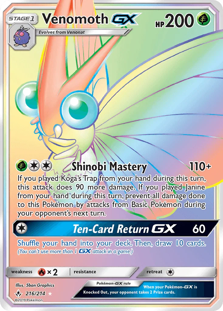 216, Fire[×2], Grass, Holofoil, Secret Rare, Sun & Moon: Unbroken Bonds Venomoth GX (216/214) [Sun & Moon: Unbroken Bonds] - Trading Card World