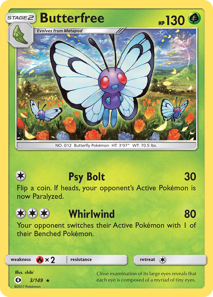 Fire[×2], Grass, Normal, Rare, Reverse Holofoil, Sun & Moon: Base Set Butterfree (3/149) [Sun & Moon: Base Set] - Trading Card World