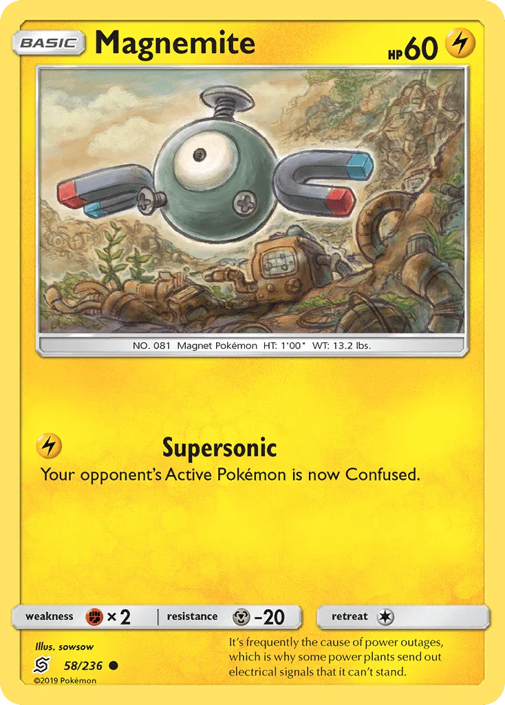 58, Common, Fighting[×2], Lightning, Metal[-20], Normal, Reverse Holofoil, Sun & Moon: Unified Minds Magnemite (58/236) [Sun & Moon: Unified Minds] - Trading Card World