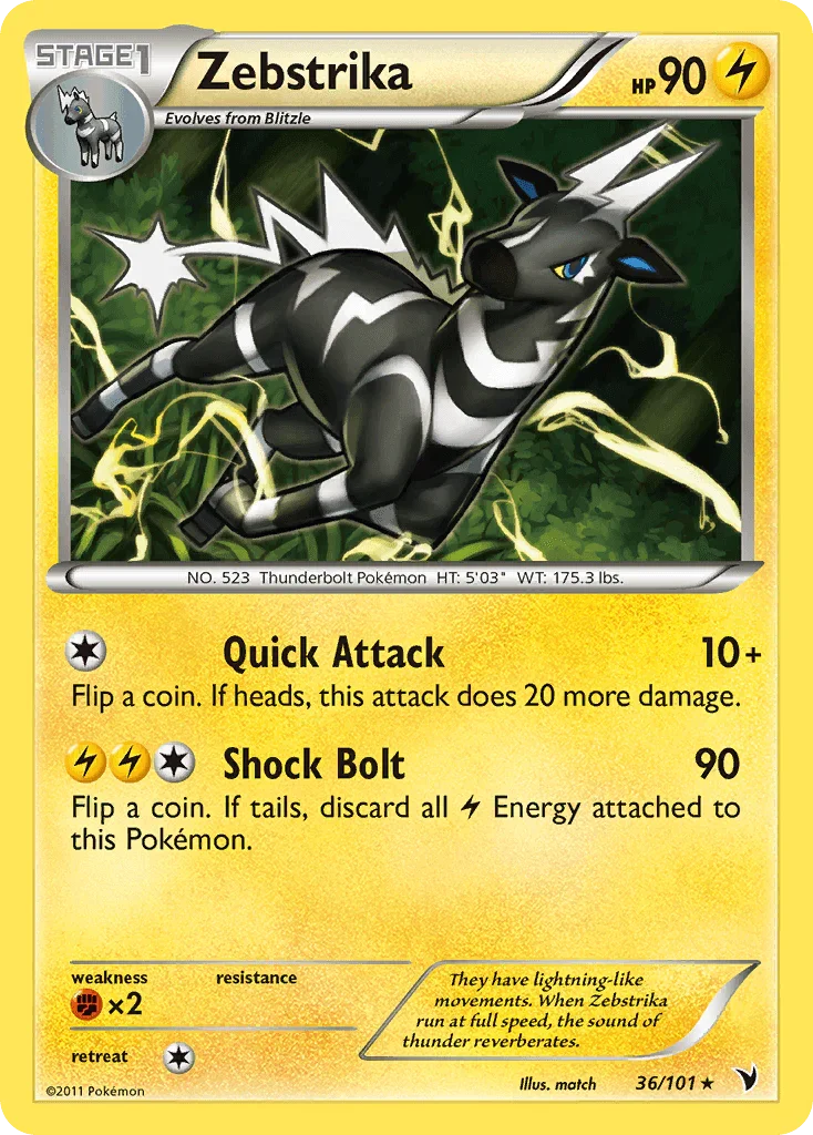 36, Black & White: Noble Victories, Fighting[×2], Lightning, Normal, Rare, Reverse Holofoil Zebstrika (36/101) [Black & White: Noble Victories] - Trading Card World