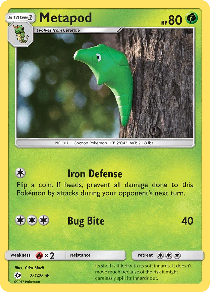 Fire[×2], Grass, Normal, Reverse Holofoil, Sun & Moon: Base Set, Uncommon Metapod (2/149) [Sun & Moon: Base Set] - Trading Card World