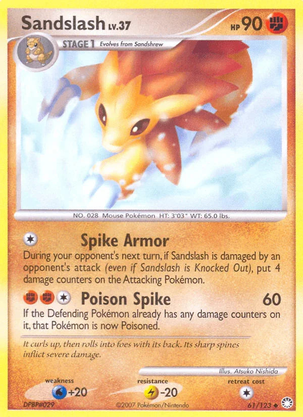 61, Diamond & Pearl: Mysterious Treasures, Fighting, Lightning[-20], Normal, Reverse Holofoil, Uncommon, Water[+20] Sandslash (61/123) [Diamond & Pearl: Mysterious Treasures] - Trading Card World