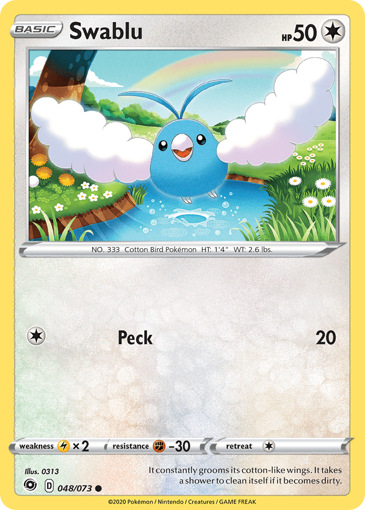 048, Colorless, Common, Fighting[-30], Lightning[×2], Normal, Reverse Holofoil, Sword & Shield: Champion's Path Swablu (048/073) [Sword & Shield: Champion's Path] - Trading Card World