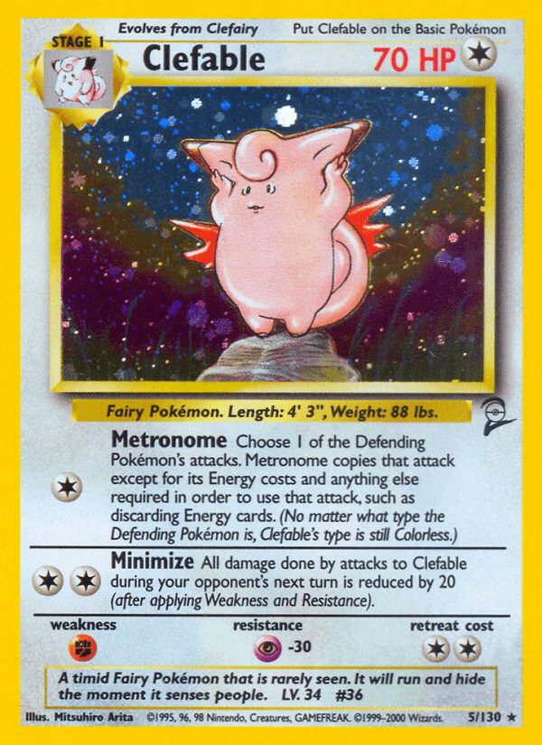 Base Set 2, Colorless, Fighting[×2], Holo Rare, Holofoil, Psychic[-30] Clefable (5/130) [Base Set 2] - Trading Card World