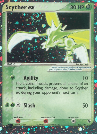 102, EX: Ruby & Sapphire, Fighting[-30], Fire[×2], Grass, Holofoil, Ultra Rare Scyther ex (102/109) [EX: Ruby & Sapphire] - Trading Card World