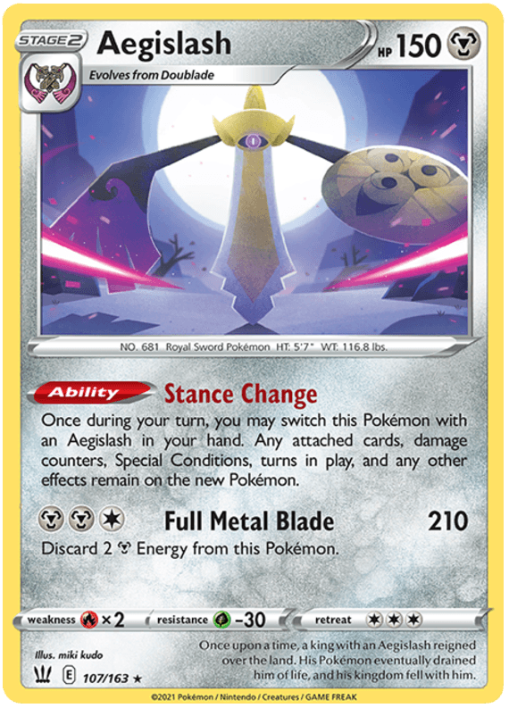 Fire[x2], Grass[-30], Holo Rare, Holofoil, Metal, Reverse Holofoil, Sword & Shield: Battle Styles Aegislash (107/163) (107/163) [Sword & Shield: Battle Styles] - Trading Card World