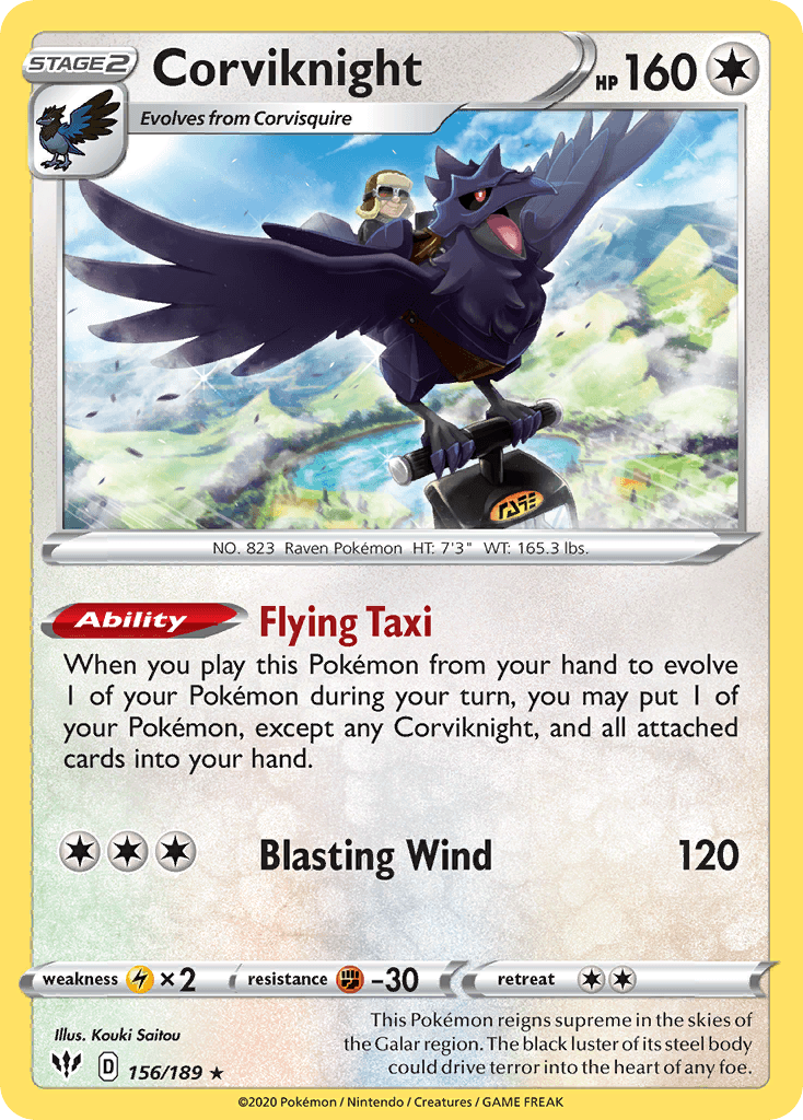 156, Colorless, Fighting[-30], Holo Rare, Holofoil, Lightning[×2], Reverse Holofoil, Sword & Shield: Darkness Ablaze Corviknight (156/189) [Sword & Shield: Darkness Ablaze] - Trading Card World