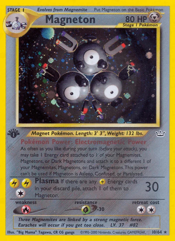 10, 1st Edition Holofoil, Fire[×2], Grass[-30], Holo Rare, Metal, Neo Revelation 1st Edition Magneton (10/64) [Neo Revelation 1st Edition] - Trading Card World
