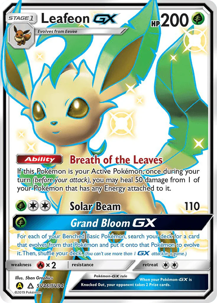 Fire[×2], Grass, Holofoil, Sun & Moon: Hidden Fates - Shiny Vault, SV46, Ultra Rare Leafeon GX (SV46/SV94) [Sun & Moon: Hidden Fates - Shiny Vault] - Trading Card World