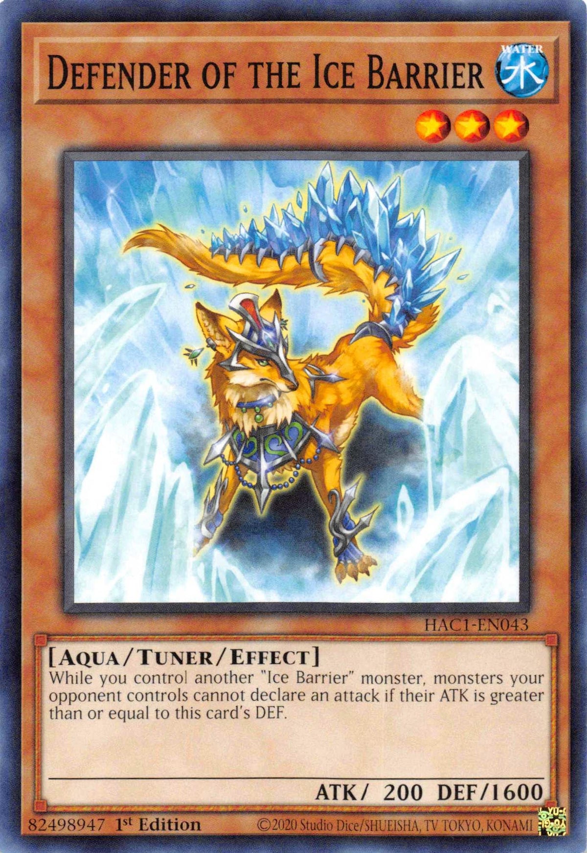 1st Edition, Aqua, Common, Hidden Arsenal: Chapter 1, Tuner/Effect Monster, Water Defender of the Ice Barrier [HAC1-EN043] Common - Trading Card World