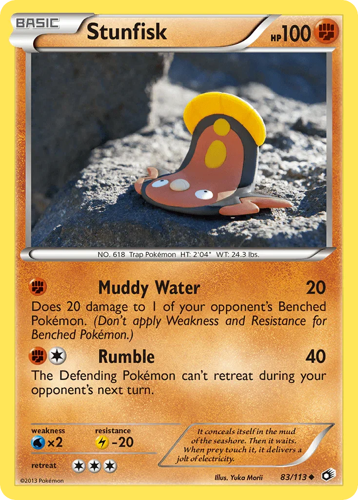 83, Black & White: Legendary Treasures, Fighting, Lightning[-20], Normal, Reverse Holofoil, Uncommon, Water[×2] Stunfisk (83/113) [Black & White: Legendary Treasures] - Trading Card World