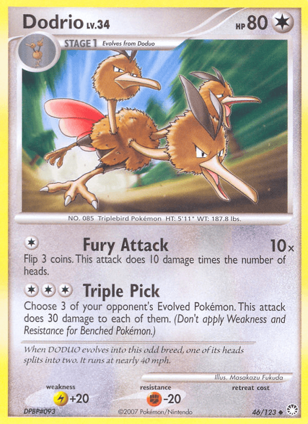 46, Colorless, Diamond & Pearl: Mysterious Treasures, Fighting[-20], Lightning[+20], Normal, Reverse Holofoil, Uncommon Dodrio (46/123) [Diamond & Pearl: Mysterious Treasures] - Trading Card World