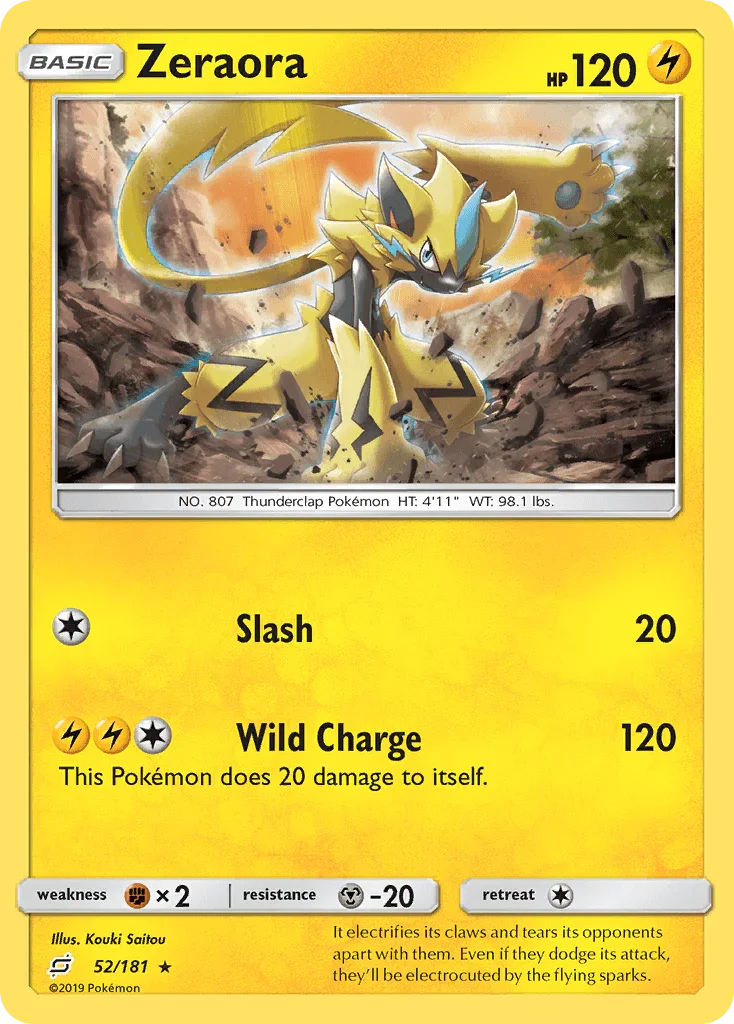 52, Fighting[×2], Holo Rare, Holofoil, Lightning, Metal[-20], Reverse Holofoil, Sun & Moon: Team Up Zeraora (52/181) [Sun & Moon: Team Up] - Trading Card World