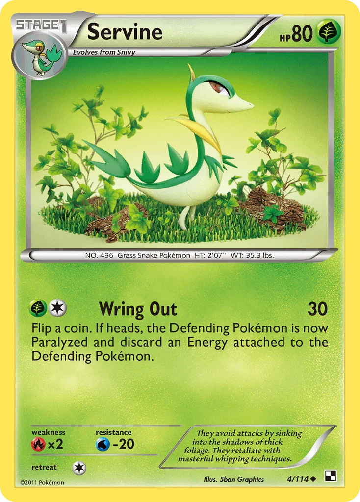 Black & White: Base Set, Fire[×2], Grass, Normal, Reverse Holofoil, Uncommon, Water[-20] Servine (4/114) [Black & White: Base Set] - Trading Card World