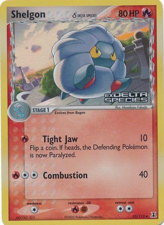 53, Colorless[×2], EX: Delta Species, Fighting[-30], Fire, Fire[-30], Reverse Holofoil, Uncommon Shelgon (53/113) (Delta Species) (Stamped) [EX: Delta Species] - Trading Card World