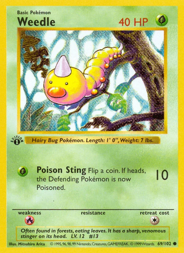 1st Edition Normal, 69, Base Set 1st Edition, Common, Fire[×2], Grass Weedle (69/102) (Shadowless) [Base Set 1st Edition] - Trading Card World