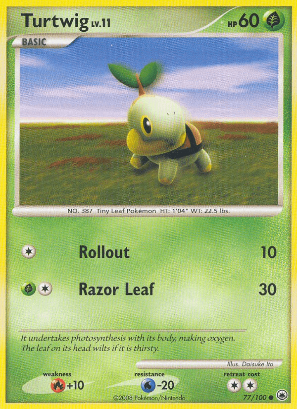 77, Common, Diamond & Pearl: Majestic Dawn, Fire[+10], Grass, Normal, Reverse Holofoil, Water[-20] Turtwig (77/100) [Diamond & Pearl: Majestic Dawn] - Trading Card World