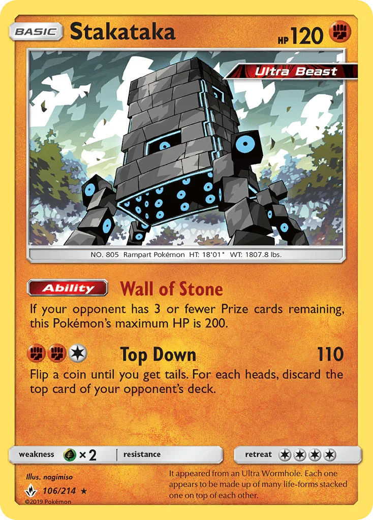 106, Fighting, Grass[×2], Holo Rare, Holofoil, Reverse Holofoil, Sun & Moon: Unbroken Bonds Stakataka (106/214) [Sun & Moon: Unbroken Bonds] - Trading Card World
