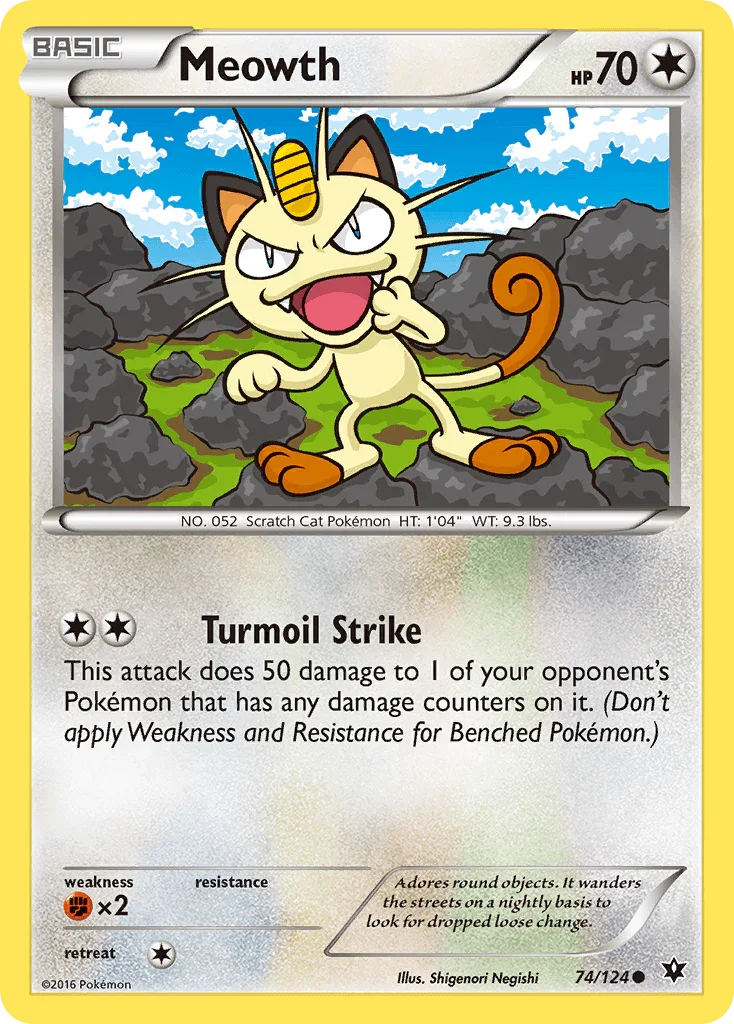 74, Colorless, Common, Fighting[×2], Normal, Reverse Holofoil, XY: Fates Collide Meowth (74/124) [XY: Fates Collide] - Trading Card World